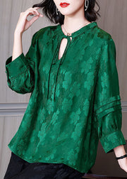 Chic Green O-Neck Lace Up Wrinkled Jacquard Silk Blouses Long Sleeve