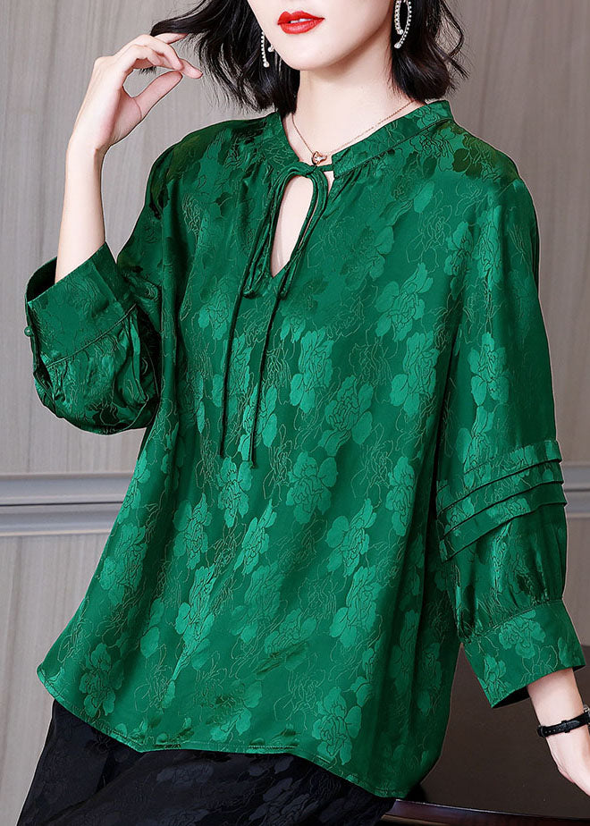 Chic Green O-Neck Lace Up Wrinkled Jacquard Silk Blouses Long Sleeve