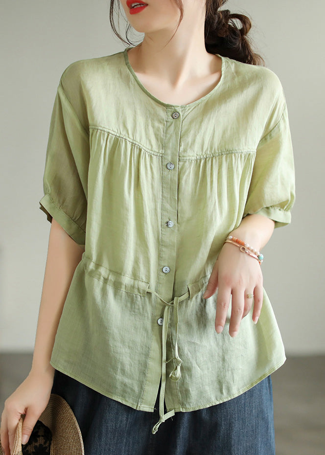 Chic Green O-Neck Patchwork Wrinkled Tie Waist Solid Ramie Shirt Short Sleeve