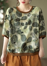 Chic Green O-Neck Print Patchwork Linen Top Half Sleeve