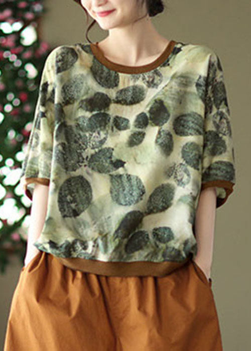 Chic Green O-Neck Print Patchwork Linen Top Half Sleeve