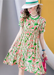 Chic Green O Neck Print Patchwork Silk A Line Dresses Summer