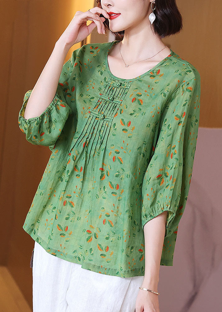 Chic Green O Neck Print Wrinkled Patchwork Linen T Shirt Tops Summer