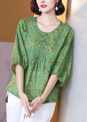 Chic Green O Neck Print Wrinkled Patchwork Linen T Shirt Tops Summer