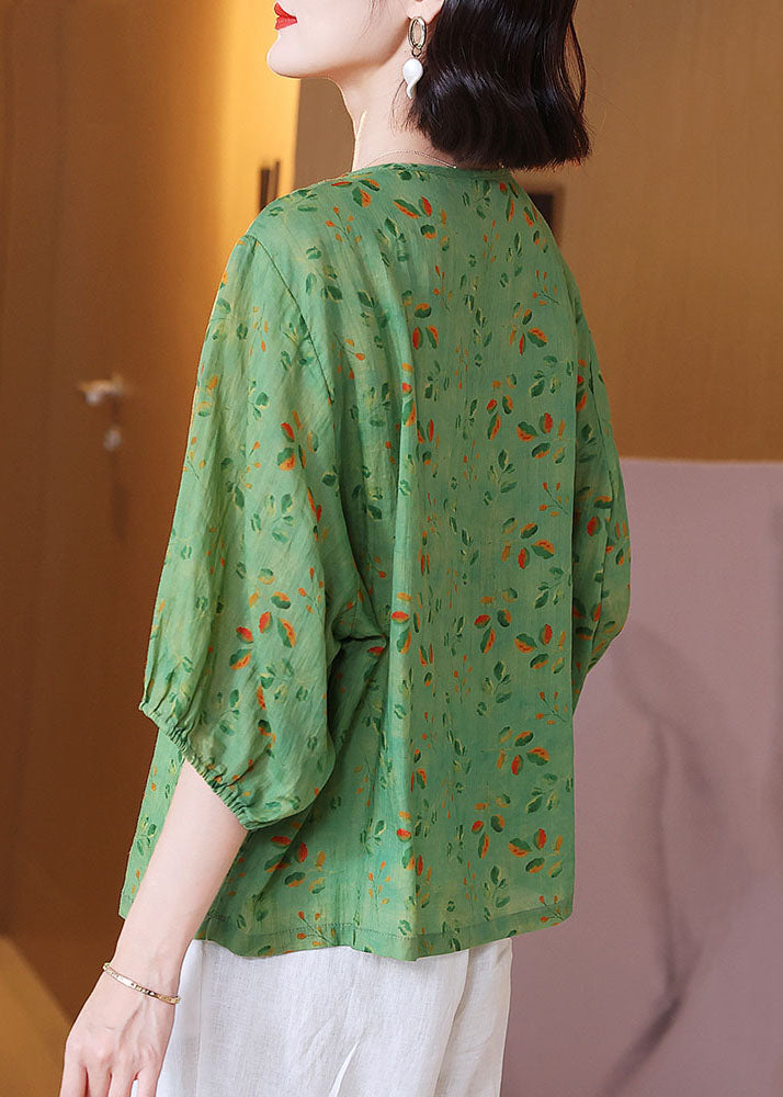 Chic Green O Neck Print Wrinkled Patchwork Linen T Shirt Tops Summer