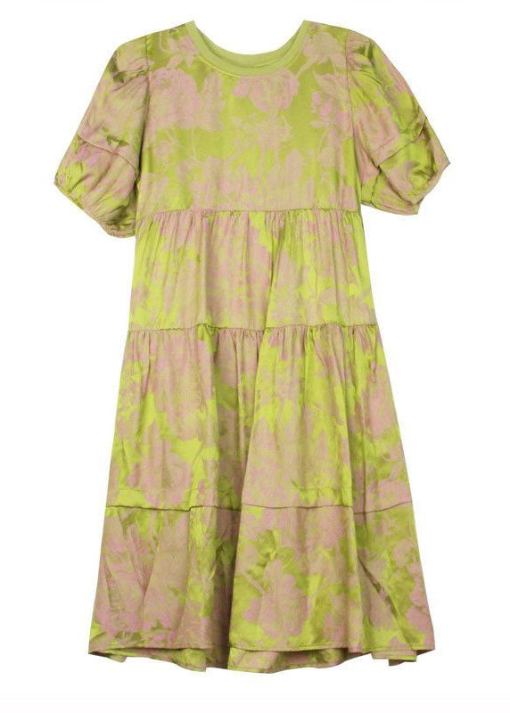 Chic Green O Neck Wrinkled Patchwork Print Silk Dress Summer