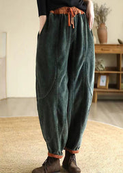 Chic Green Oversized Pockets Warm Fleece Corduroy Harem Pants Winter