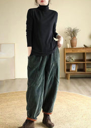 Chic Green Oversized Pockets Warm Fleece Corduroy Harem Pants Winter