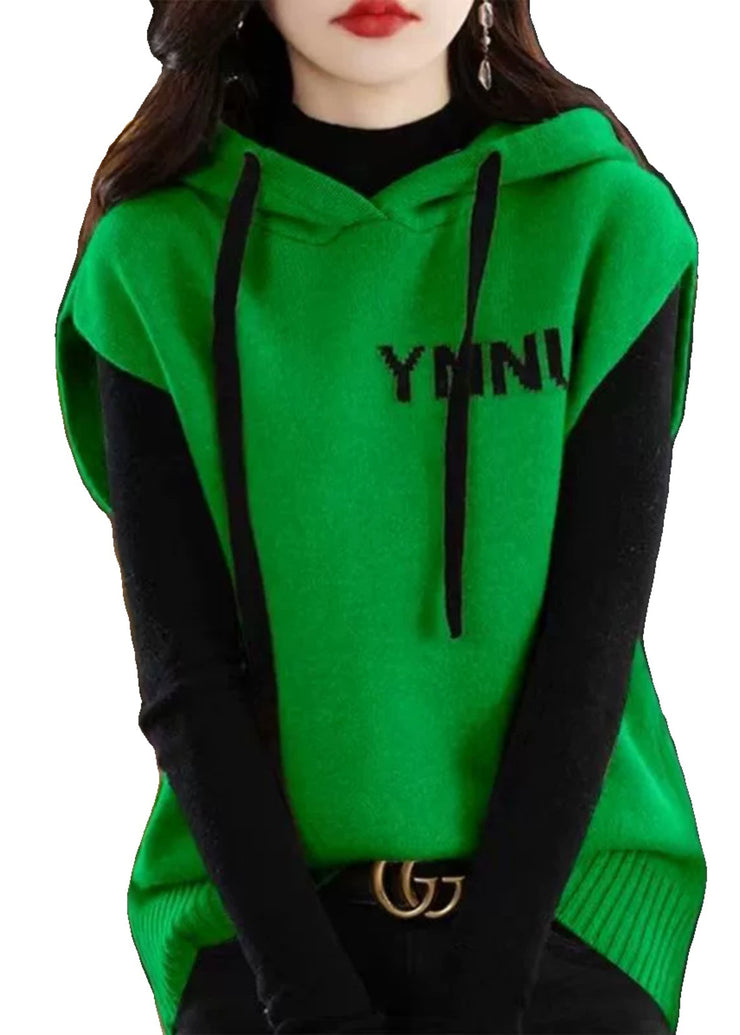 Chic Green Patchwork Drawstring Cotton Knit Hooded Waistcoat Spring