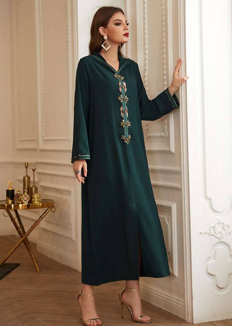 Chic Green Patchwork Zircon Hooded Silk Long Dresses Long Sleeve