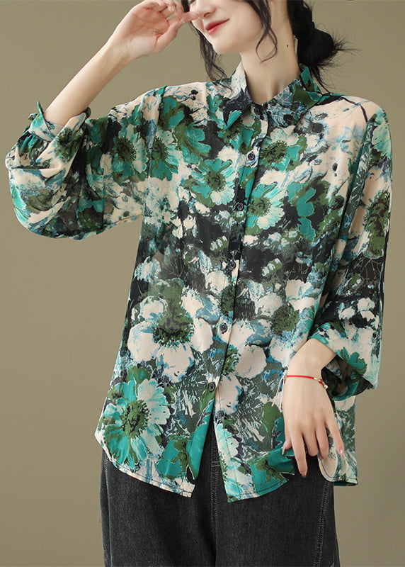 Chic Green Peter Pan Collar Print Cotton Shirt Tops Fall