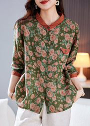 Chic Green Peter Pan Collar Print Patchwork Linen Shirt Top Long Sleeve