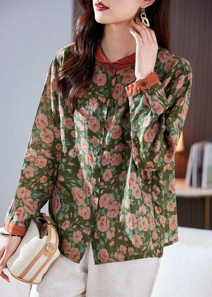 Chic Green Peter Pan Collar Print Patchwork Linen Shirt Top Long Sleeve