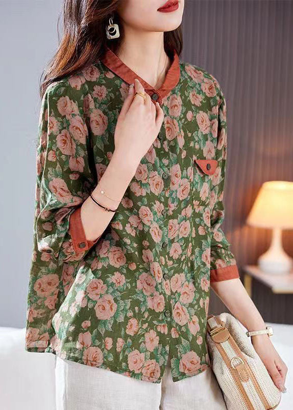 Chic Green Peter Pan Collar Print Patchwork Linen Shirt Top Long Sleeve