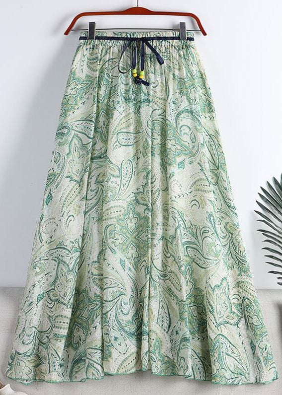 Chic Green Print Elastic Waist Tie Waist Chiffon A Line Skirt Summer