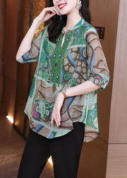 Chic Green Print Nail Bead Patchwork Linen Shirts Bracelet Sleeve