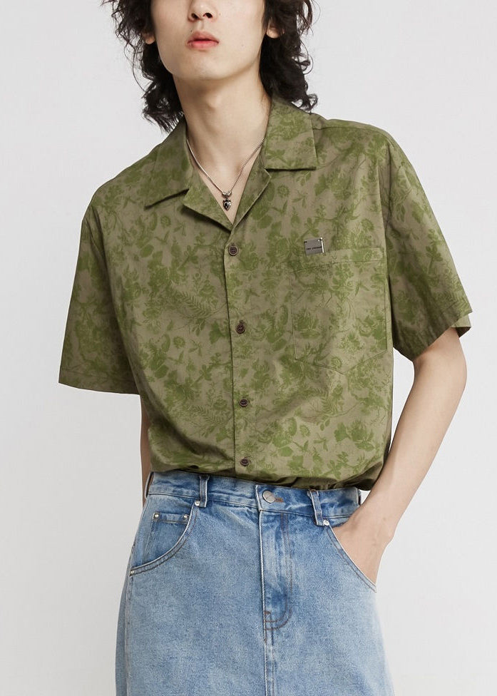 Chic Green Print Pockets Cotton Mens Shirt Summer