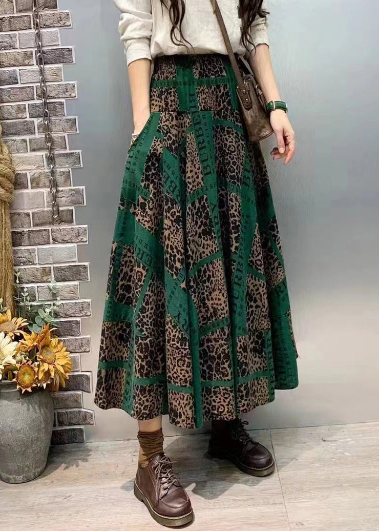 Chic Green Print Pockets Cotton Skirt Fall