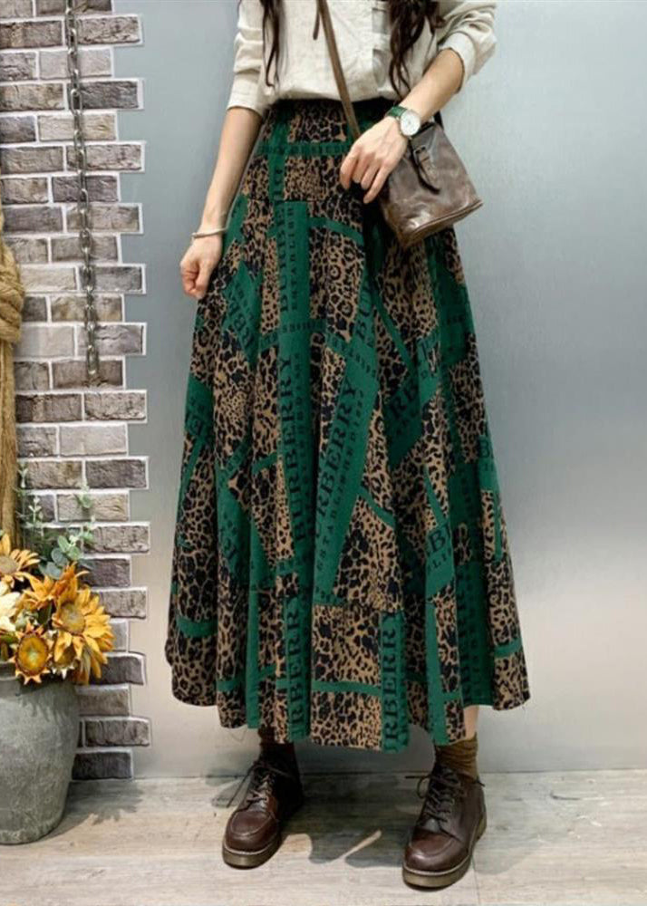 Chic Green Print Pockets Cotton Skirt Fall