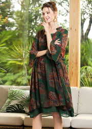 Chic Green Print Ruffled Cross Strap Chiffon Dress Flare Sleeve