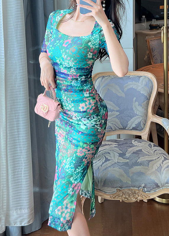 Chic Green Print Side Open Long Dresses Summer