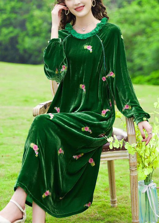 Chic Green Ruffled Embroideried Floral Silk Velour Maxi Dresses Spring