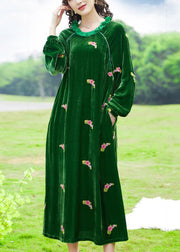 Chic Green Ruffled Embroideried Floral Silk Velour Maxi Dresses Spring