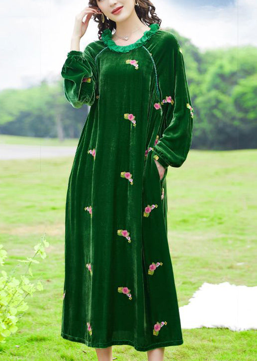 Chic Green Ruffled Embroideried Floral Silk Velour Maxi Dresses Spring