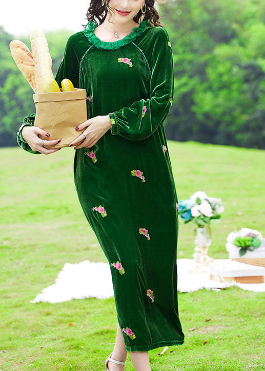 Chic Green Ruffled Embroideried Floral Silk Velour Maxi Dresses Spring