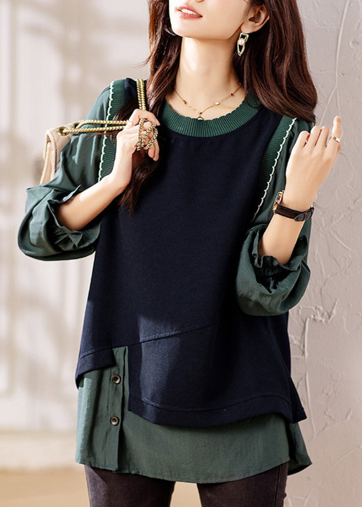 Chic Green Ruffled Knit Patchwork False Two Pieces Top Fall