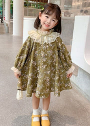 Chic Green Ruffled Lace Up Print Cotton Kids Girls Dresses Long Sleeve