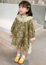 Chic Green Ruffled Lace Up Print Cotton Kids Girls Dresses Long Sleeve