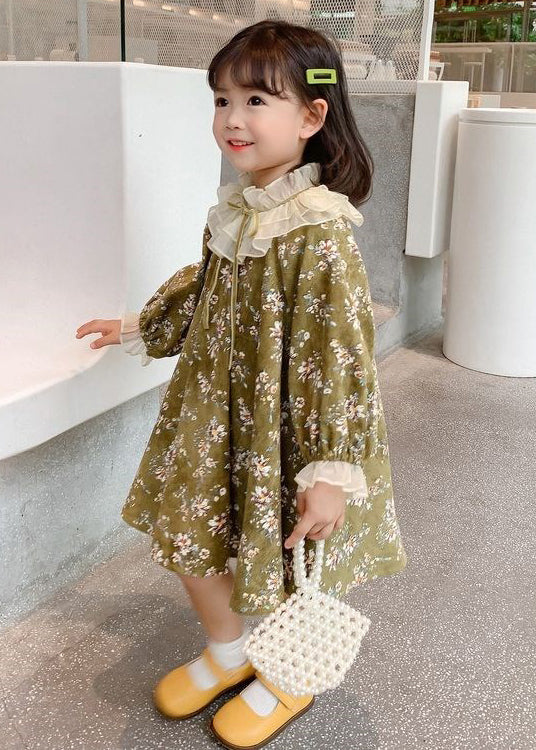 Chic Green Ruffled Lace Up Print Cotton Kids Girls Dresses Long Sleeve