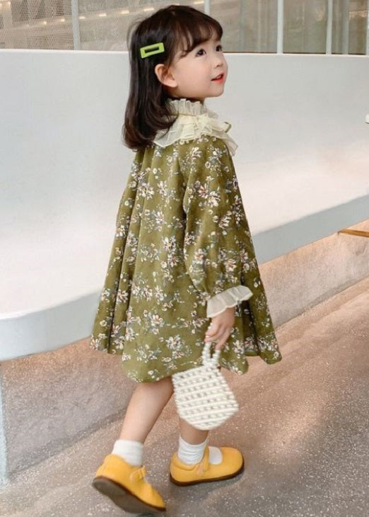 Chic Green Ruffled Lace Up Print Cotton Kids Girls Dresses Long Sleeve