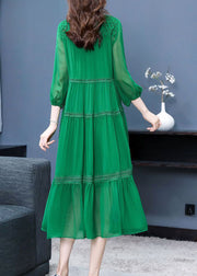 Chic Green Ruffled Patchwork Hollow Out Silk Maxi Dress Bracelet Sleeve