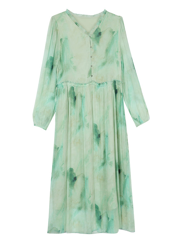Chic Green Ruffled Print Lace Up Chiffon Dress Summer