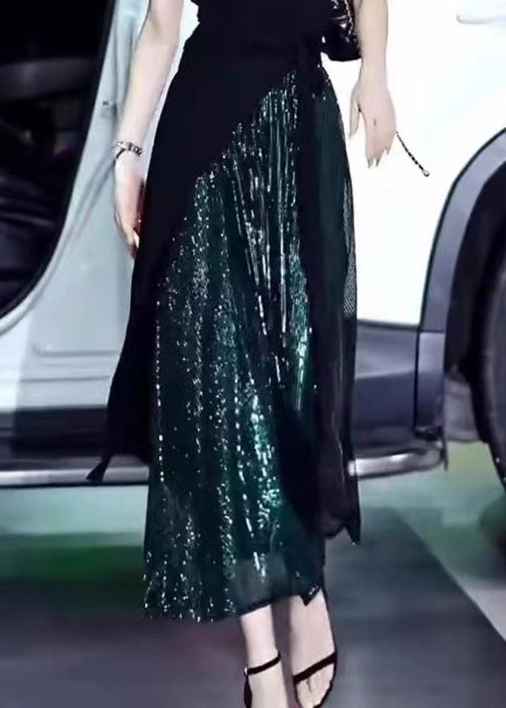 Chic Green Sequins High Waist Silk Skirt Summer