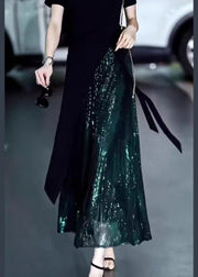 Chic Green Sequins High Waist Silk Skirt Summer