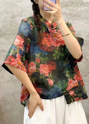 Chic Green Stand Collar Print Linen Shirt Summer