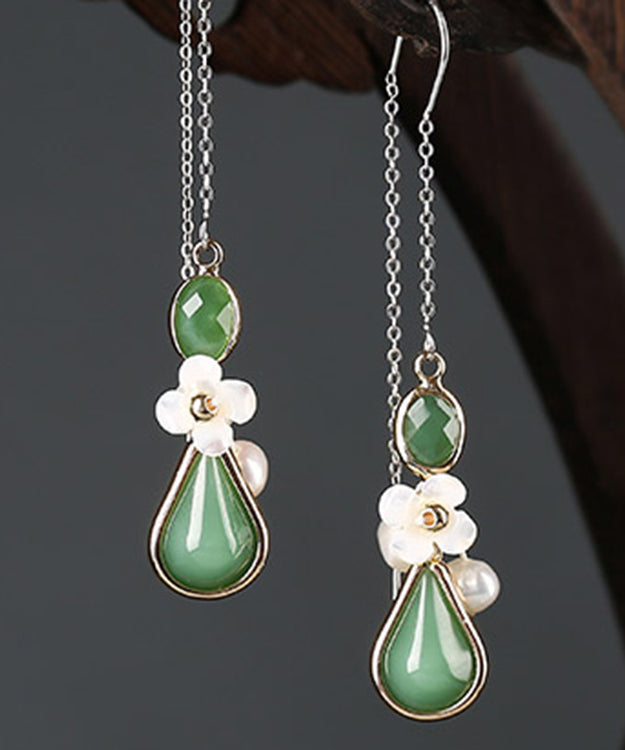 Chic Green Sterling Silver Coloured Glaze Pearl Shell Flower Drop Earrings