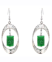 Chic Green Sterling Silver Jade Dry Green Hollow Out Drop Earrings