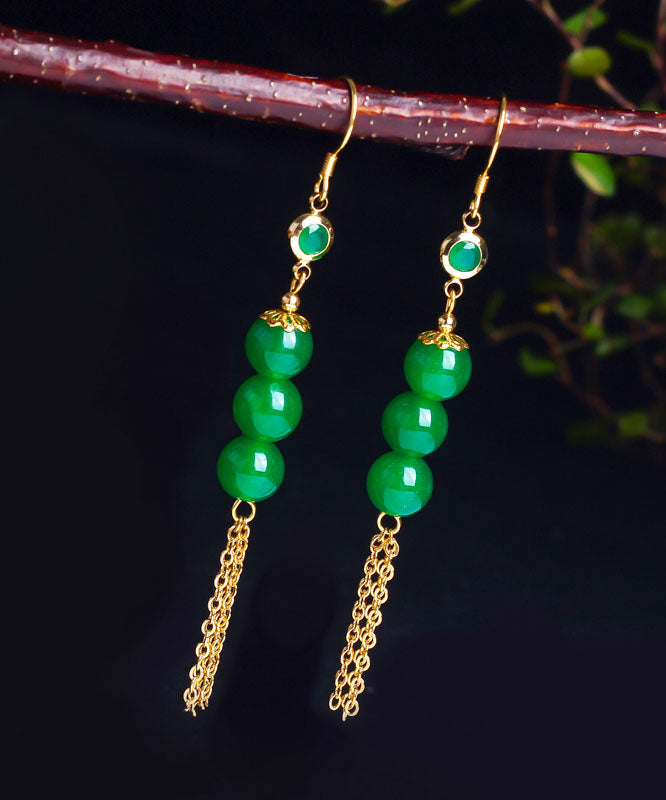 Chic Green Sterling Silver Overgild 14K Gold Jade Tassel Drop Earrings