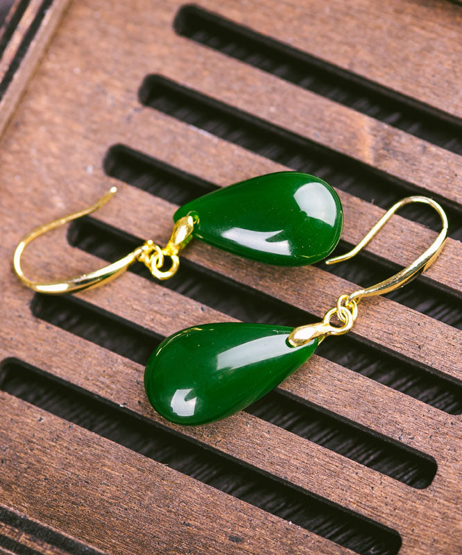 Chic Green Sterling Silver Overgild Jade Water Drops Drop Earrings