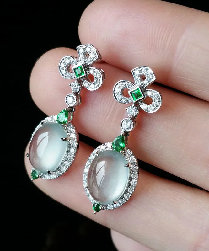 Chic Green Sterling Silver Zircon Jade Stud Earrings