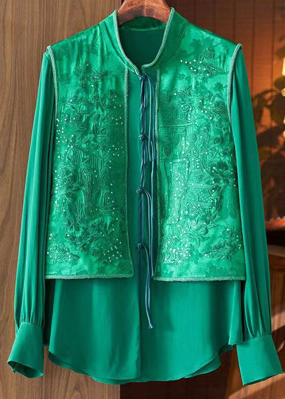 Chic Green Tasseled Jacquard Patchwork Silk Shirt Top Spring