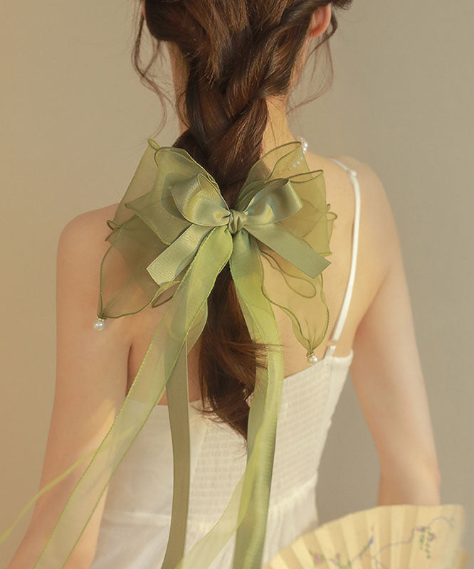 Chic Green Tulle Patchwork Silk Blended Pearl Bow Hairpin