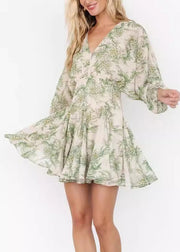 Chic Green V Neck Print Chiffon Mid Dress Long Sleeve