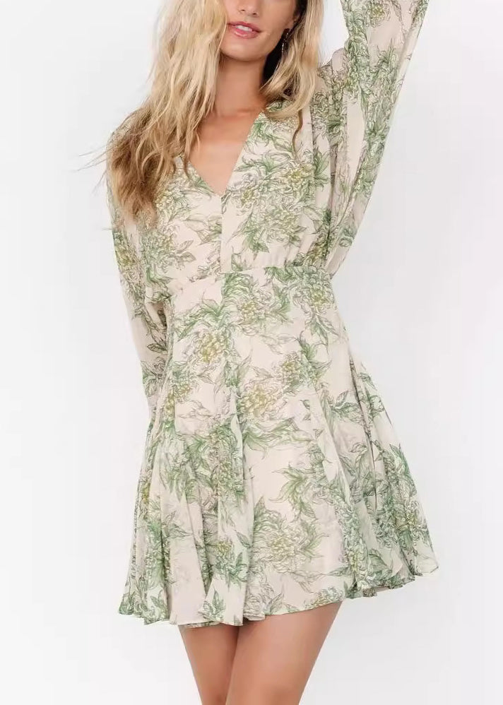 Chic Green V Neck Print Chiffon Mid Dress Long Sleeve