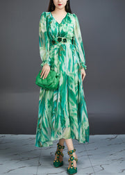 Chic Green V Neck Print High Waist Chiffon Dress Butterfly Sleeve