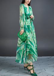 Chic Green V Neck Print High Waist Chiffon Dress Butterfly Sleeve